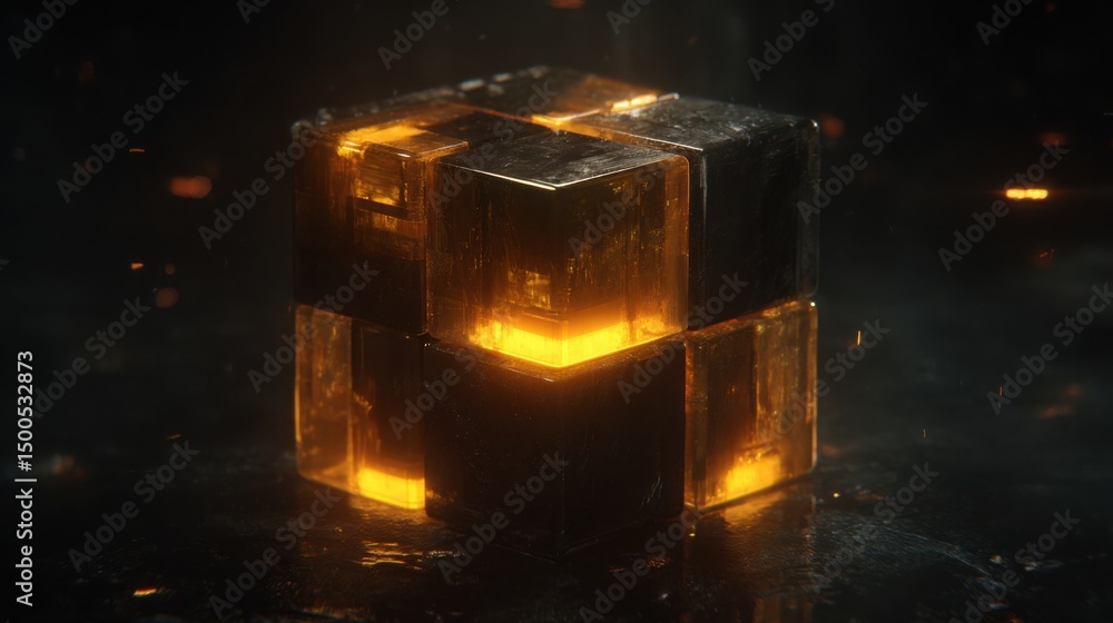 Poster a glowing cube illuminated from within symbolizing quantum-filtered fib decision core engineering co