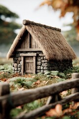 Rustic Stone Cottage with Thatched Roof in Autumnal Landscape