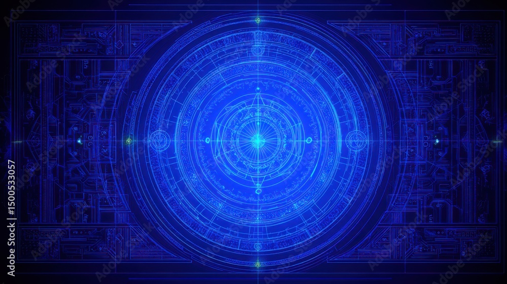 Poster a blue circuit design with a central circle representing quantum-fueled fib pattern integrity valida