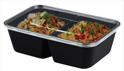 Black plastic box for food, 2 compartment, size 750 ml.