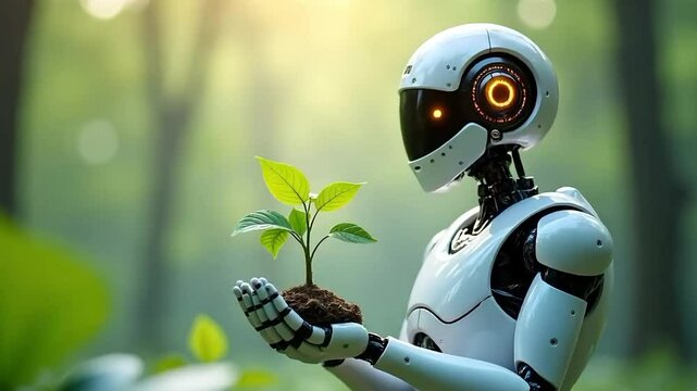 White Biorobot Holding Green Sapling in Lush Environment