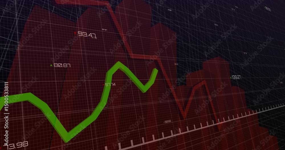 Poster purple grid appearing, red histogram emerging and green trend line moving while visualizing trends