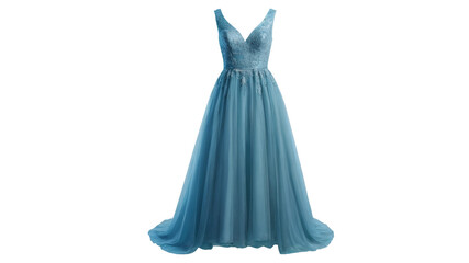 Light-blue gown with lacy bodice.