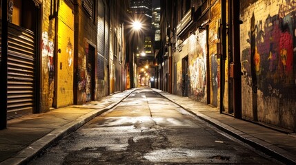 Fototapeta premium Urban backstreet illuminated at night, showing street art and wet pavement
