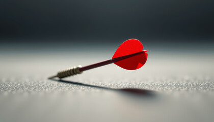 Focused dart with heart shaped tip lies perfectly centered on textured surface, symbolizing precision and love
