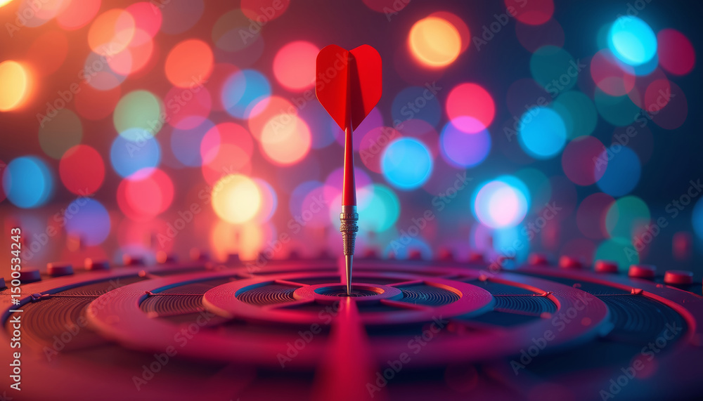 Poster red dart with heart shaped tip hits center of target, surrounded by colorful bokeh lights, symbolizi