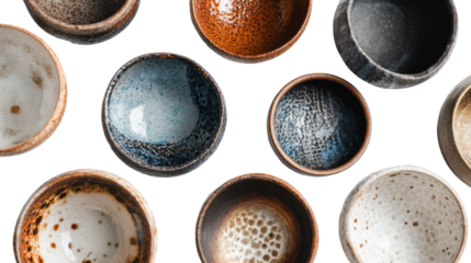 A beautiful assortment of handcrafted ceramic bowls with various textures and colors on a white background.