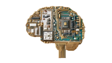 A computer circuit board design shaped like a brain, isolated on a white background.