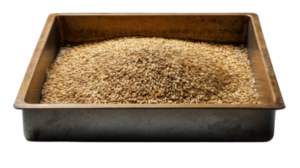 A tray filled with golden grains, showcasing texture and natural color on a white isolated background.
