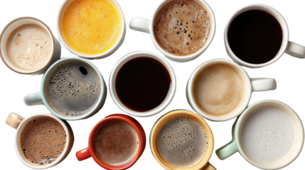A variety of coffee cups filled with different types of coffee on a white background.