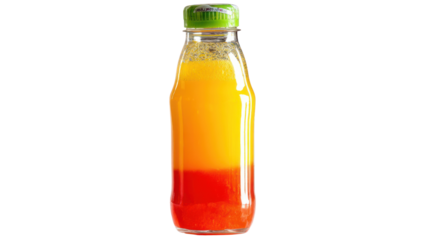 A vibrant bottle of layered fruit juice with orange and red colors against a white background.