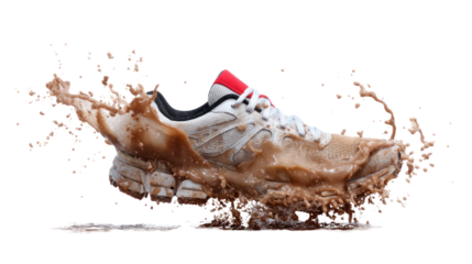 Athletic shoe splashing through mud, dynamic water action, isolated on white background.