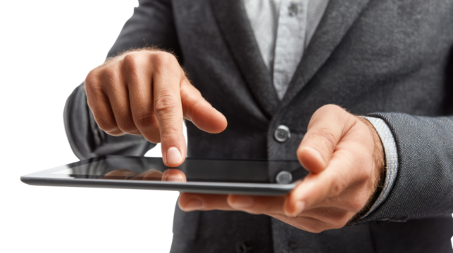 Businessman using a tablet device for digital communication, white isolate background