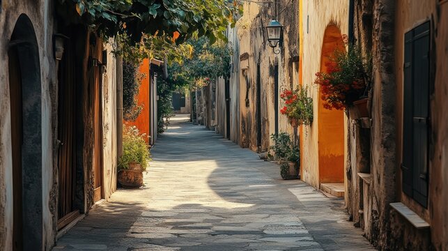Enchanting italian alleyway with historic charm and sun-drenched cobblestone path