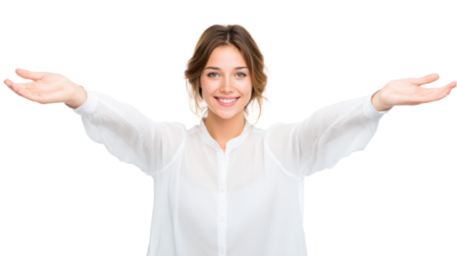 Cheerful woman with open arms, inviting and welcoming gesture, bright smile on a white isolated background.