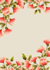 Fototapeta premium frame of red flowers. Watercolor hand drawn poppy flower elements featuring green leaves and vibrant petals.