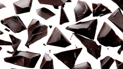 Chunks of dark chocolate arranged on a white isolated background.