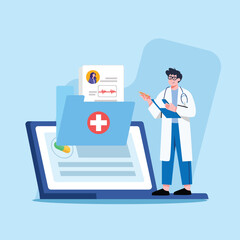 Doctor checking medical record on laptop