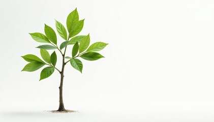Lone sapling, delicate leaves, white backdrop, environment, isolated