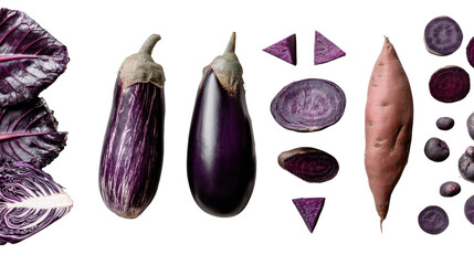 Colorful assortment of fresh purple vegetables on a white background.