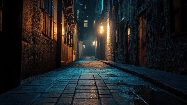 Mysterious and Eerie Nighttime Ambiance in the Shadows of an Old European Alleyway