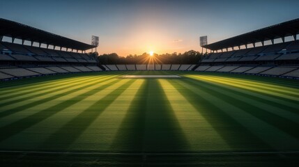 Golden Sunset Over a Cricket Stadium with Long Shadows and Spectacular Lighting Effects