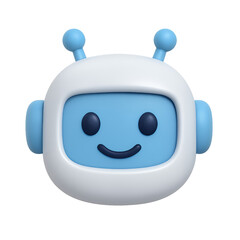 Cheerful 3D rendered robot head with white and light blue colors, isolated on transparent background; concept for chatbot, AI, technology, virtual assistant, and digital interface design