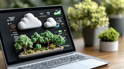 Laptop displaying a virtual forest and clouds, suggesting cloud-based environmental data or software