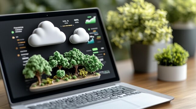 Laptop displaying a virtual forest and clouds, suggesting cloud-based environmental data or software - Powered by Adobe