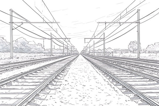 A perspective drawing of parallel railway tracks converging toward the horizon framed by utility poles