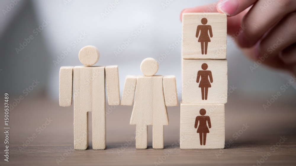 Poster person holding a wooden block representing task hierarchy with a group of people in a conceptual set
