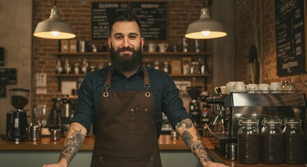 Obraz premium Photo of a Smiling Bearded Man in an Apron at a Coffee Shop Bar