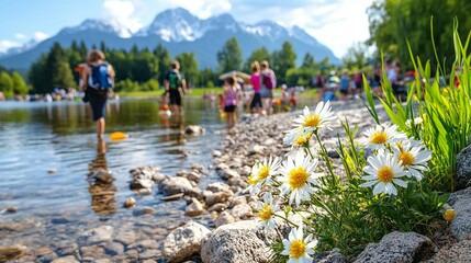 Lakeside scene with people enjoying a sunny day by a crystal-clear lake shore, featuring wildflowers