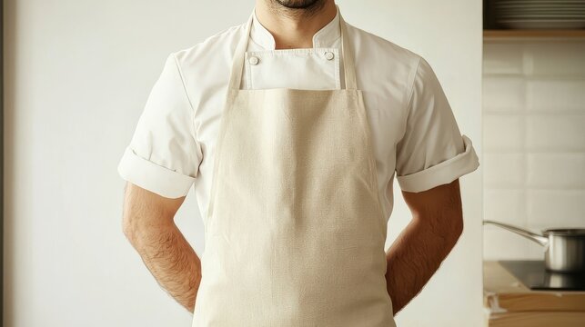 A man is wearing a stylish beige linen apron in a contemporary kitchen setting.