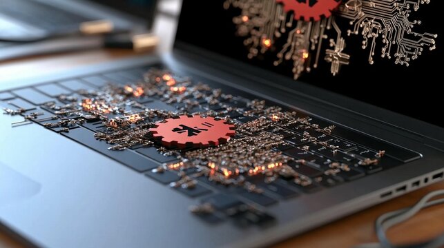 Laptop keyboard with a red gear graphic, circuit board patterns, and glowing details