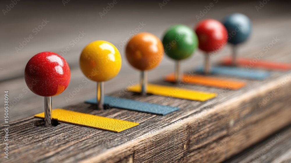 Poster a row of colorful pins organized in a straight line signifying the revision of timelines and resched