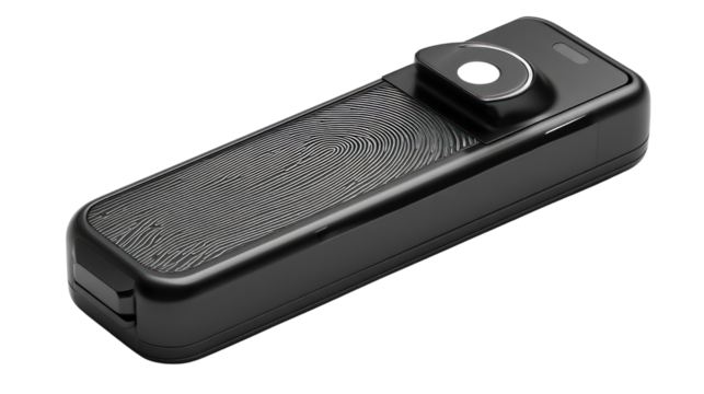 Modern fingerprint scanner device on white isolate background.
