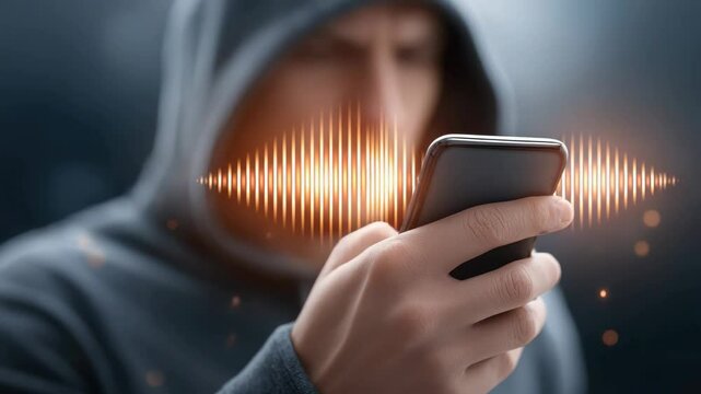 A hooded figure with a digital face pattern listening to a smartphone voice signal, symbolizing cyber or mobile phone deception.