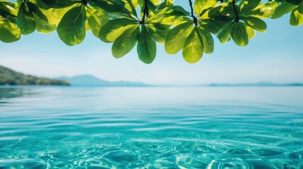 Serene crystal-clear water with soft ripples reflecting sunlight, framed by lush greenery, creating a perfect summer vacation atmosphere