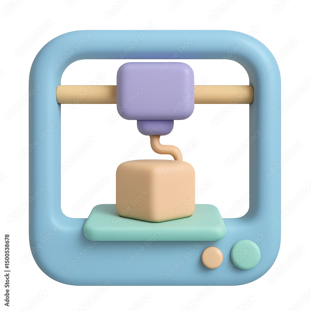 Poster pastel-colored 3d model of a 3d printer creating a cube shape on a transparent background, concept f
