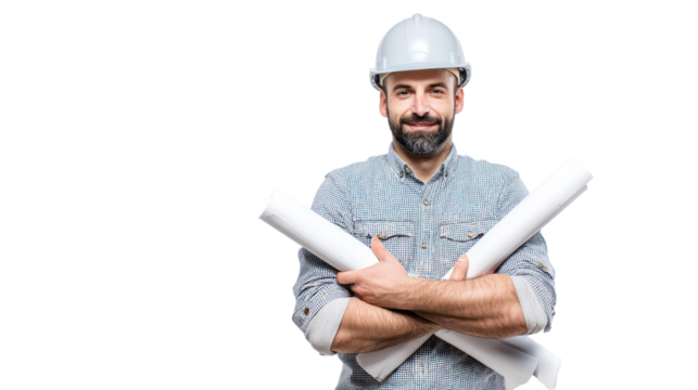 Smiling man in helmet holding blueprints, isolated on white background. - Powered by Adobe