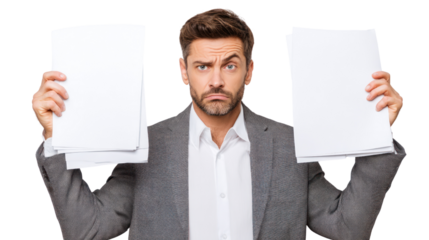 Stressed businessman holding blank documents, expressing frustration and confusion.