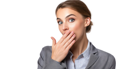 Surprised woman covering her mouth with a hand, isolated on a white background.