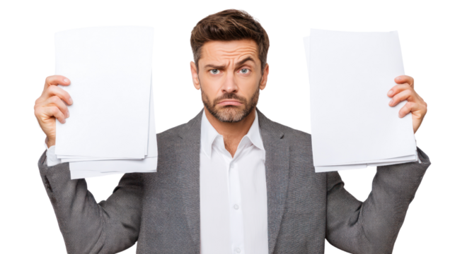 Stressed businessman holding blank documents, expressing frustration and confusion.