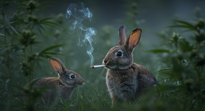 Rabbit smoking in canabis field