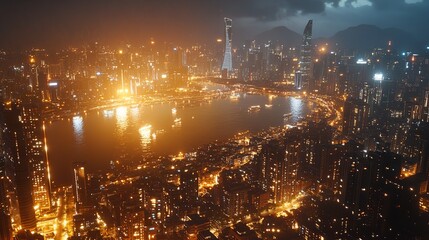 Obraz premium Night Cityscape Golden Hour Urban Skyline Lights Buildings sea art view dark water river coast image