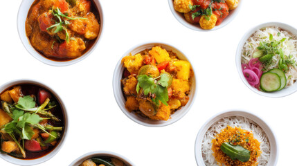 Variety of colorful dishes served in bowls, isolated on white background.
