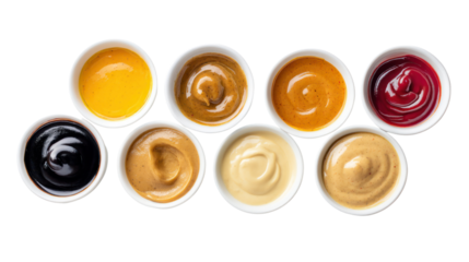 Variety of colorful sauces in small bowls, perfect for culinary presentations on a white isolated background.