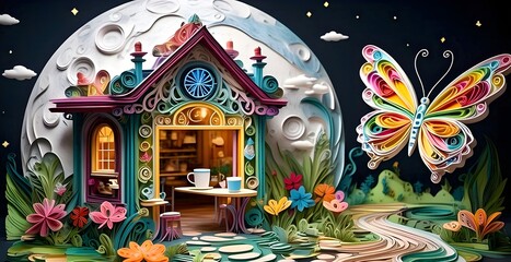 A coffee shop on the moon in front of a colorful butterfly and the fresh garden in quilling paper style