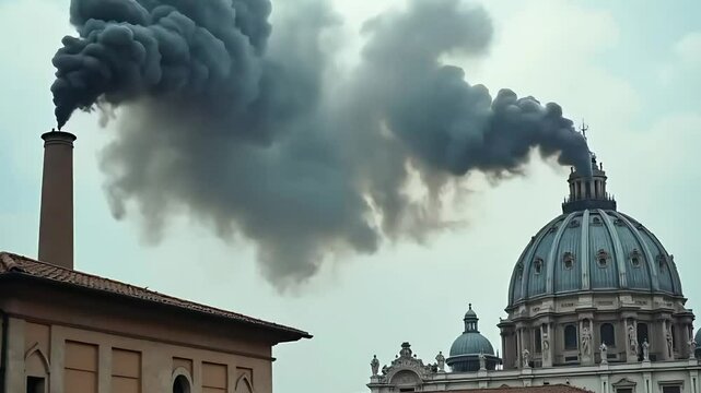 Thick Smoke Rising Over Vatican City Under Overcast Sky